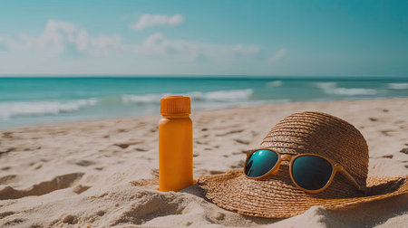 Beach essentials sunscreen, straw hat, and sunglasses on warm sand with ocean waves in the distance, perfect for summer vibes.の素材
