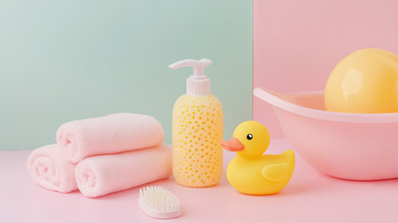 Close-up of baby bath accessories including shampoo, a soft sponge, and a small rubber duck on a pastel background.の素材