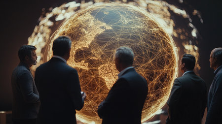Business professionals standing around a digital globe, with network lines connecting them across countries.の素材