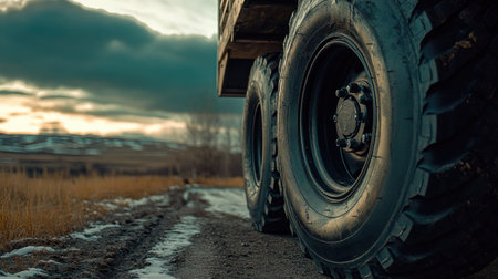 Black wheels of a parked truck trailer on a rural road, showing off the rugged tread and industrial design.の素材
