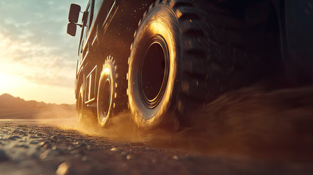 Black truck wheels in motion on the road, with dust and sunlight highlighting the sturdy tire design.の素材