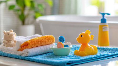 Baby bath setup with shampoo, washcloth, and colorful toys arranged on a towel, ready for a gentle bath experience.の素材