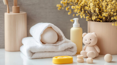 Collection of baby bath products with a fluffy hooded towel, baby soap, and small rubber toys on a clean, soft background.の素材