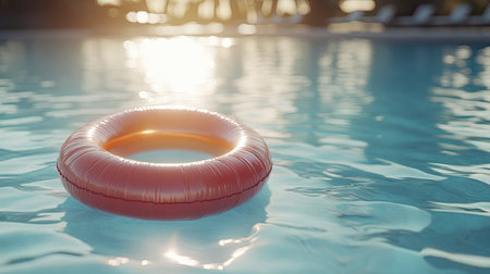 Bright inflatable ring floating on a pool's clear water, reflecting the sunlight, perfect for a relaxing and fun summer experience.の素材