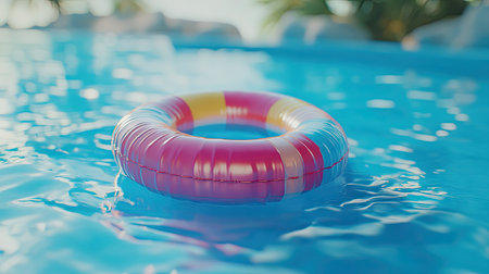 Close-up of a colorful inflatable ring floating in a refreshing swimming pool, creating a relaxed and playful summer scene.の素材