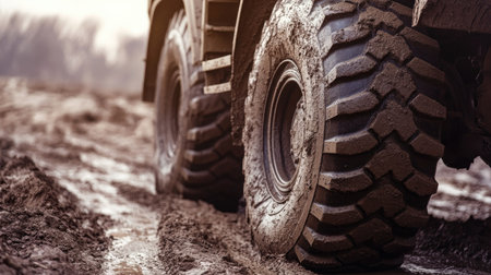 Big truck wheels on a rough dirt road, with close-up details of the tread and strength of the tires.の素材