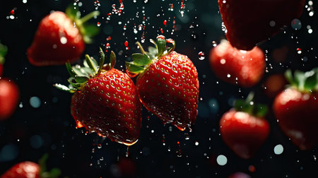 Bright strawberries falling into water with vibrant splashes, highlighting the red against a deep black background.の素材