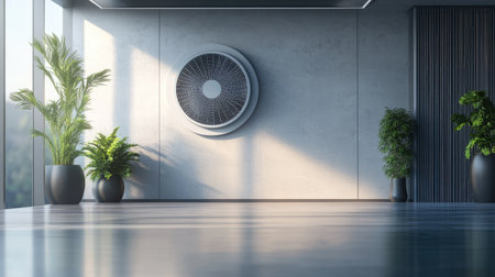 Circular grid air conditioning system on a sleek wall in a high-tech interior, ideal for cooling and ventilation visuals.の素材