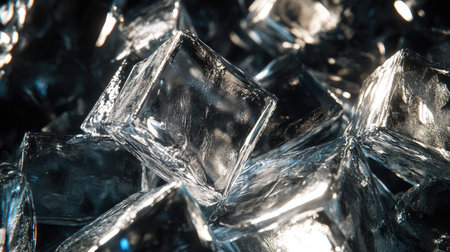Close-up view of ice cubes piled together, their clear surfaces catching the light for a refreshing and cool effect.の素材