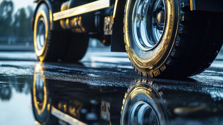Close-up of black trailer wheels on wet pavement, with shiny reflections highlighting the tire strength.の素材