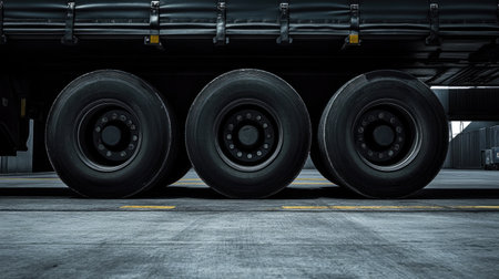 Black wheels of a trailer parked at a loading dock, showing the powerful stance and readiness of the tires.の素材