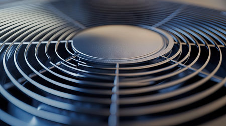 Close-up of circular air conditioning vent with metallic grid design, displaying contemporary cooling technology.の素材