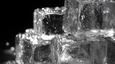 Close-up of transparent ice cubes stacked together, with condensation droplets giving a sense of cold refreshment.の素材