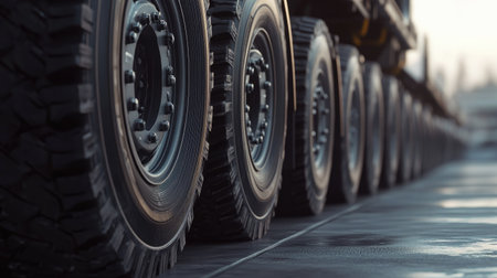 Close-up of truck trailer wheels parked in a row, with tire details and tough tread design on display.の素材
