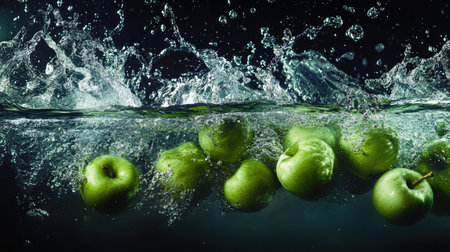 Bright green apples dropping into clear water, creating a dynamic splash, symbolizing freshness and health.の素材