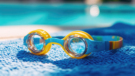 Children's swimming goggles with fun colors, lying on a soft towel by the poolside, creating a playful summer scene.の素材