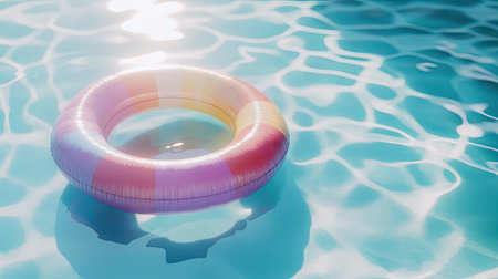 Colorful inflatable ring in a pristine pool, casting a shadow on the water as the sun shines overhead, evoking summer vibes.の素材