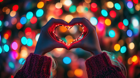 Close-up of woman's hands making a heart gesture, set against a background of twinkling fairy lights.の素材