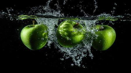 Bright green apples dropping into clear water, creating a dynamic splash, symbolizing freshness and health.の素材