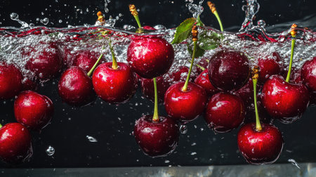 Bright cherries falling into water, their deep red color and green stems accentuated by splashes against a black backdrop.の素材