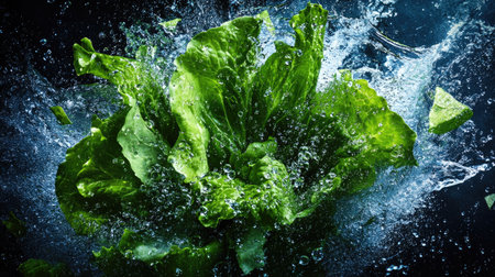 Crisp lettuce leaves immersed in splashing water, droplets glistening on each leaf, emphasizing freshness and vibrant green hues.の素材
