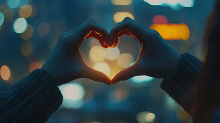 Close-up of a woman's hands forming a heart shape over her heart, with a blurred cityscape in the background.の素材