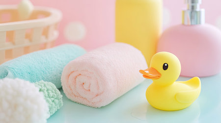 Close-up of baby bath accessories including shampoo, a soft sponge, and a small rubber duck on a pastel background.の素材
