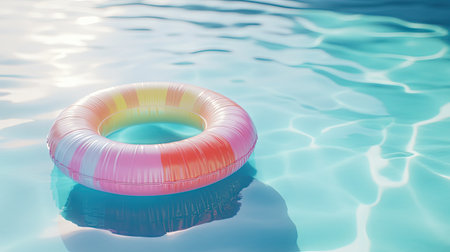 Colorful inflatable ring floating in a calm swimming pool, with sunlit reflections and a serene summer vibe.の素材