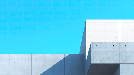 Concrete office building with sharp edges and a smooth facade, captured against a vivid blue sky on a sunny day.の素材
