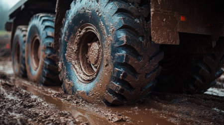 Close-up of mud-splattered black trailer wheels, showing strength and endurance in rough terrain.の素材