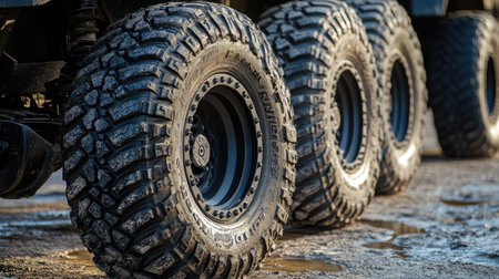 Close-up of truck trailer wheels parked in a row, with tire details and tough tread design on display.の素材