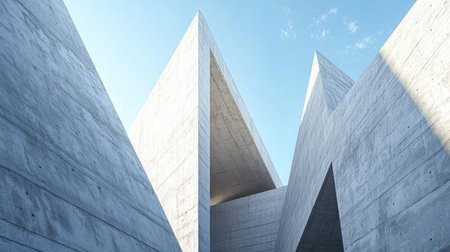 Contemporary concrete high-rise with sharp angles and minimalist features, with a clear blue sky in the background.の素材