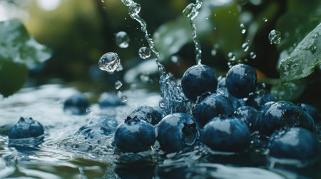Fresh blueberries falling into water with splashes and bubbles around them, capturing a delicious, refreshing summer feel.の素材