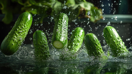 Fresh cucumbers falling into water, surrounded by small splashes and bubbles, creating a sense of cool, crisp freshness.の素材