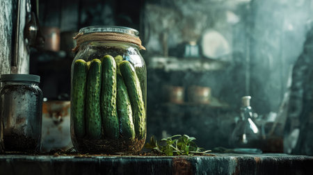 Detailed shot of cucumbers stacked in a jar, visible spices and herbs inside, with a textured rustic backdropの素材