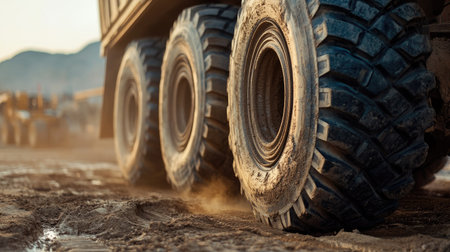 Dusty trailer wheels on a construction site, with black tires and thick treads made for tough environments.の素材