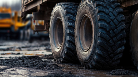 Dusty trailer wheels on a construction site, with black tires and thick treads made for tough environments.の素材