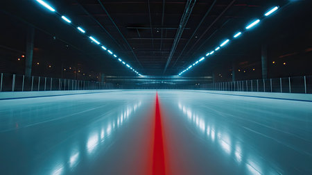Empty ice rink with red and blue lines marking the center, showcasing the pristine surface under arena lights.の素材