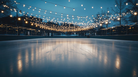 Empty ice rink with reflections of overhead lights, creating a peaceful, undisturbed atmosphere.の素材