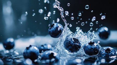 Fresh blueberries falling into water with splashes and bubbles around them, capturing a delicious, refreshing summer feel.の素材