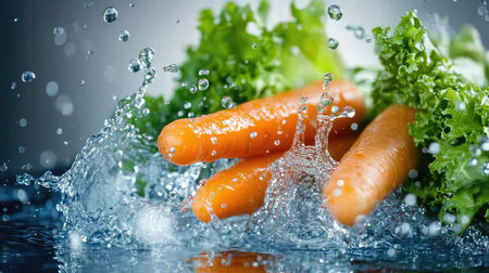 Fresh carrots and lettuce splashing into water, with bubbles and droplets capturing their natural color and crispness.の素材