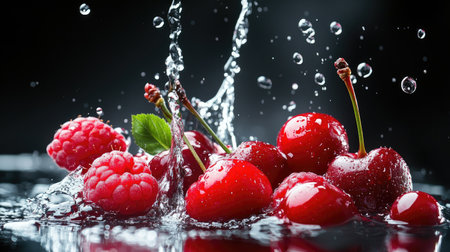 Fresh cherries and raspberries in a splash of water, red hues sharply contrasted against a black background.の素材
