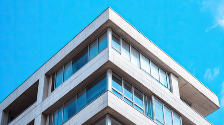 Geometric concrete building with smooth facade and bright blue sky, representing urban simplicity and elegance.の素材