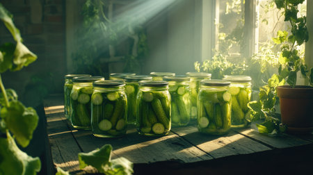 Fresh cucumbers packed tightly in glass jars, arranged neatly on a rustic wooden table with sunlight streaming in through a windowの素材