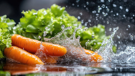Fresh carrots and lettuce splashing into water, with bubbles and droplets capturing their natural color and crispness.の素材