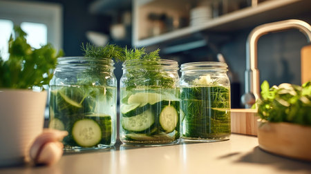 Fresh cucumbers soaking in brine inside clear jars, with sprigs of dill and garlic cloves visible, set on a kitchen counterの素材