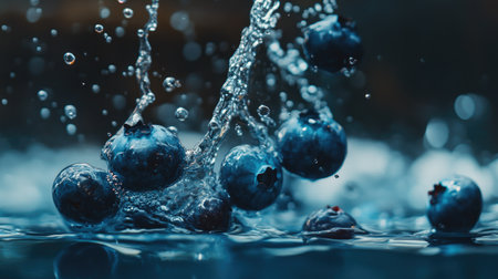 Fresh blueberries falling into water with splashes and bubbles around them, capturing a delicious, refreshing summer feel.の素材