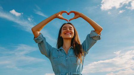 Happy woman in casual clothes making a heart with her hands against a blue sky, radiating joy and positivity.の素材