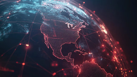 Interconnected nodes and lines around a globe, emphasizing the global network of information and technology.の素材