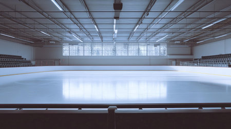 Empty ice rink seen from the bleachers, capturing the tranquility and open space of the smooth ice.の素材